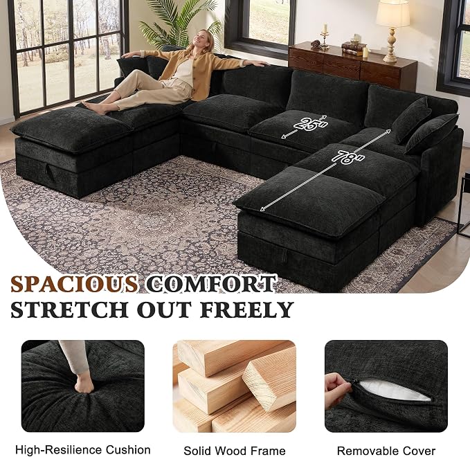 Ihanherry 135” Oversized Sectional Sofa Bed with Storage, 8-Seater Modular Cloud Couch with Movable Ottomans, Chenille Deep Seat Sleeper Couches for Living Room (Black)