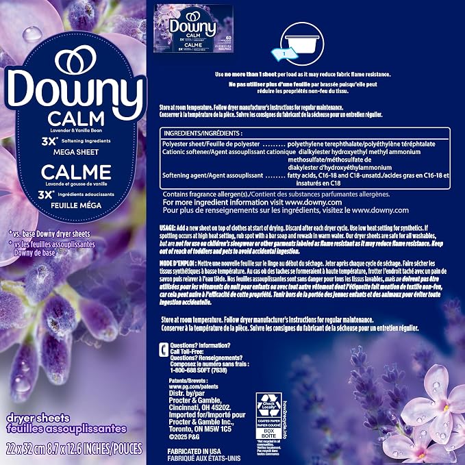 Downy Calm Mega Dryer Sheets, Large Fabric Softener Sheets for Laundry , Static Guard & Softness Boost, Laundry Dryer and Fabric Sheets, 180 Count