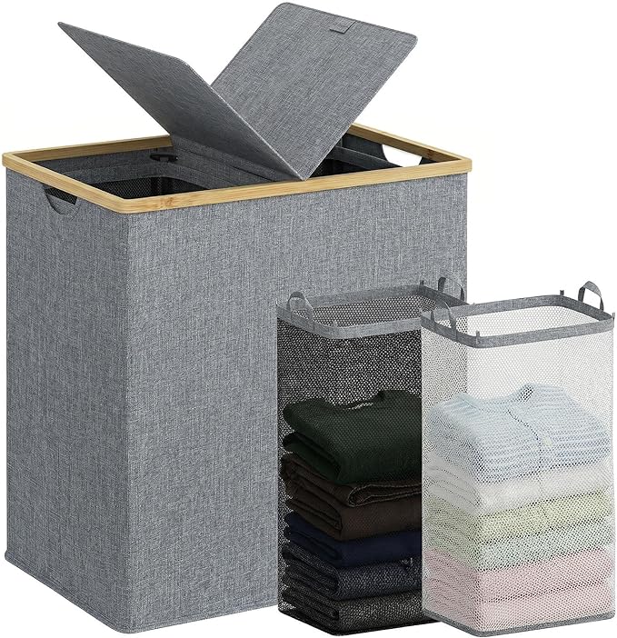 efluky Laundry Hamper with Lid, Double Laundry Basket with 2 Removable Bags, 2 Section Laundry Bin with Bamboo Handles for Bathroom, Bedroom & Laundry Room, 140L (36.9 Gallon) Blue Grey