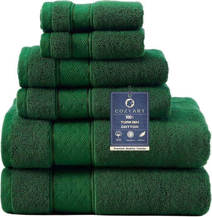 COZYART Bath Towel Set 6 PCS Formal Green Luxury 100% Turkish Cotton 650GSM | Soft Absorbent Quick Dry, OEKO‑Tex 100 Cert. Zero Twist Ring Spun Cotton, Plush, Breathable Hotel Quality Bathroom Towels