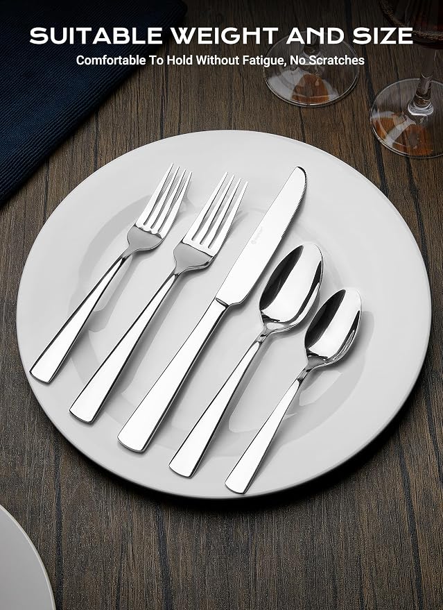 45-Piece Flatware Sets, Silverware Set for 8, Durable Stainless Steel Tableware in Ergonomic Design Size and Weight, Kitchen Utensils Set with Steak Knives, Rust-proof, Dishwasher Safe