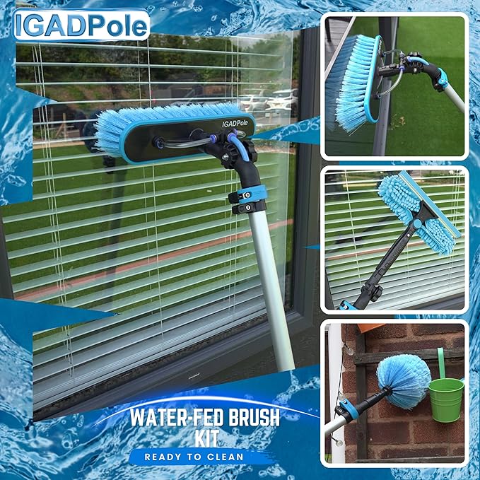 IGADPole 17 FT Water-Fed Washing Kit with Soap-Dispenser, Brush, 10″ Squeegee & Cobweb Duster for Windows, Gutters, Solar Panels & Exterior Walls