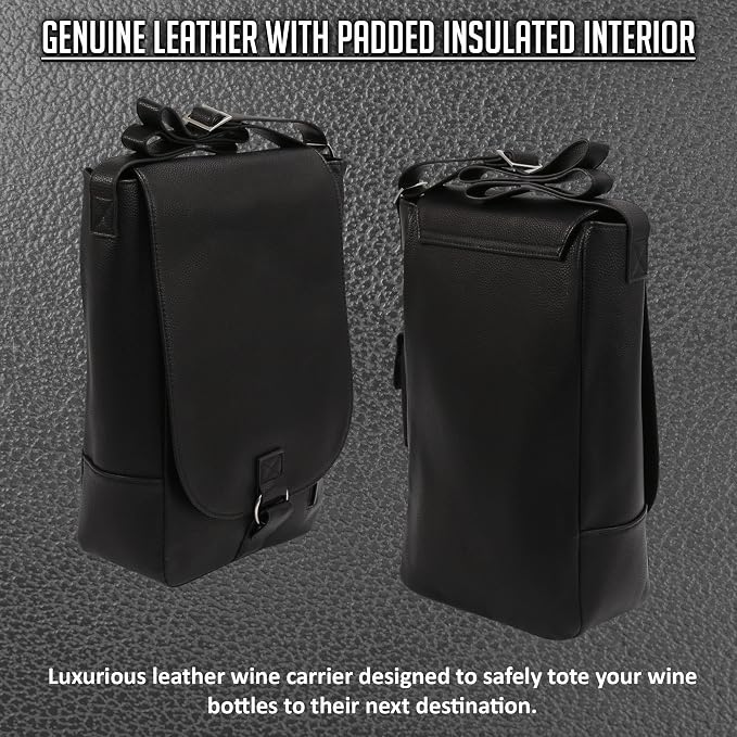 Vino2 Two Bottles Saddle Leather Wine Tote Messenger Carrier (Black)
