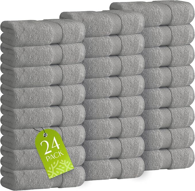 White Classic Wealuxe Light Gray Washcloths 24 Pack - 600 GSM 100% Ring-Spun Cotton Wash Cloths for Showering, Highly Absorbent and Soft | 12x12 Inches