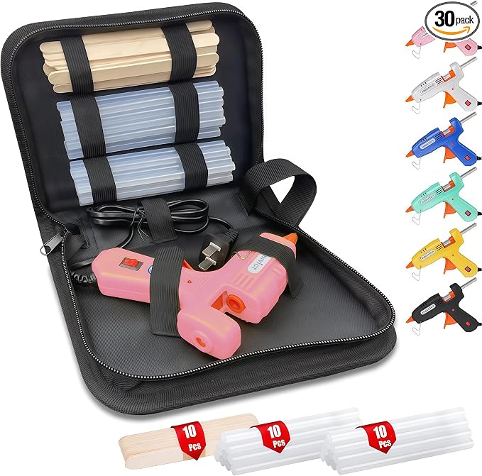 MONVICT Hot Glue Gun Kit, Mini Pink Glue Gun with Carrying Case,Pink, 30W | 20 Pcs Premium Glue Sticks, 10 Pcs Wood Craft sticks, Fast Preheating Hot Melt Glue Gun for School Crafts DIY Arts Gift