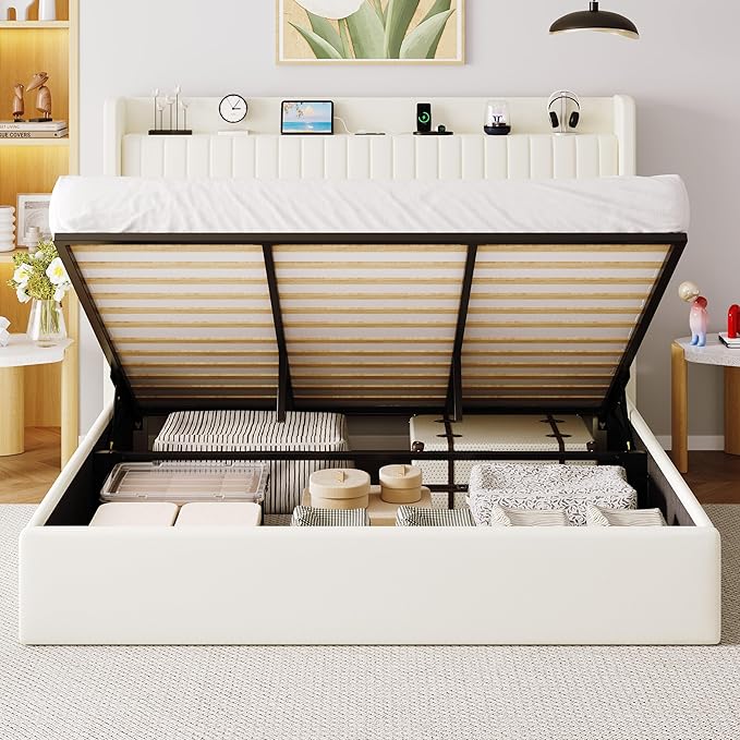 Allewie King Lift Up Storage Hydraulic Bed Frame,Charging Station,Cream | Storage Shelf Headboard with Charging Station,Type-C,USB Ports,Hydraulic Support,Velvet Upholstered,No Box Spring Needed