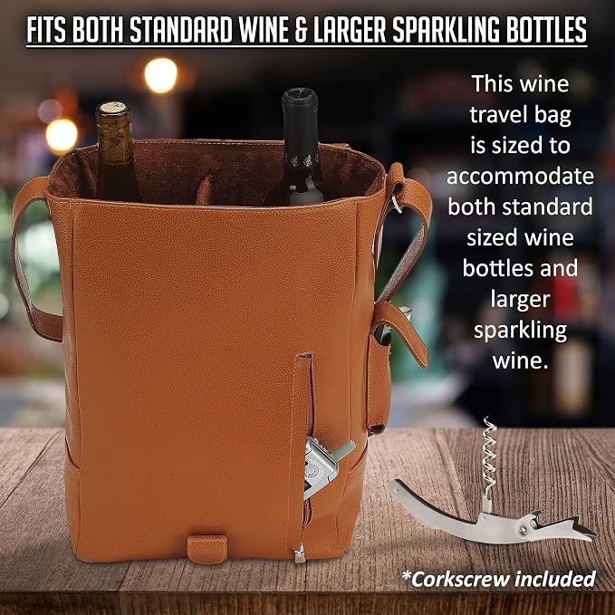 Vino2 Two Bottles Saddle Leather Wine Tote Messenger Carrier (Brown)