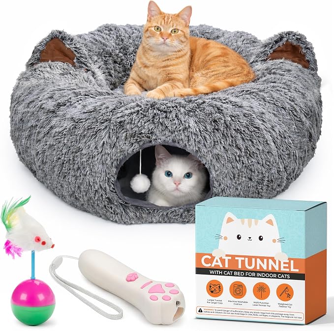 WiskaDen XL Plush Cat Tunnel Bed with Toy and Elderly Feline Access. 3-in-1 Dark Grey Fluffy Donut Cushion with Ears. Circle Tube for Indoor Cats Leisure, Hiding Spot, Dog Bed, or Rabbit Cave