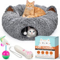 WiskaDen XL Plush Cat Tunnel Bed with Toy and Elderly Feline Access. 3-in-1 Dark Grey Fluffy Donut Cushion with Ears. Circle Tube for Indoor Cats Leisure, Hiding Spot, Dog Bed, or Rabbit Cave