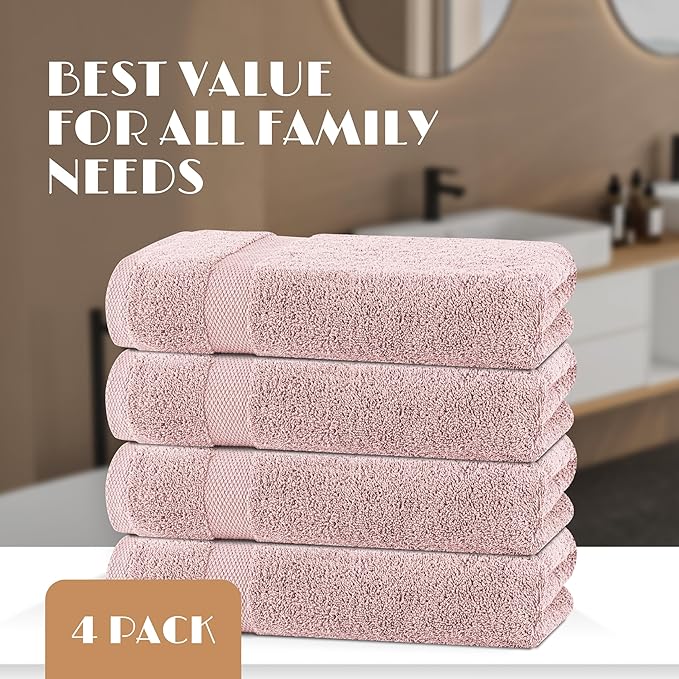 White Classic Pink Bath Towels 27x54 Inch, Cotton Towel Set for Bathroom, Hotel, Gym, Spa, Soft Extra Absorbent Quick Dry 4 Pack