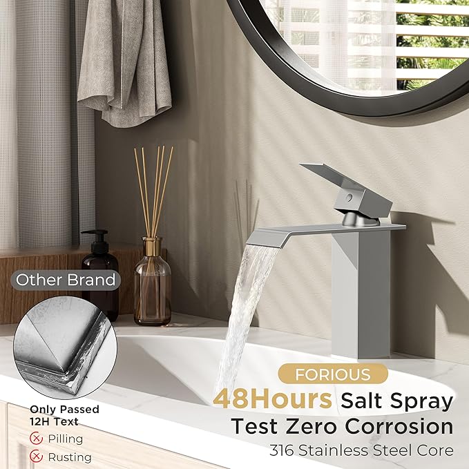 FORIOUS Bathroom Faucet Brushd Nickel Modern Waterfall Bathroom Sink Faucet 1 or 3 Hole Single Handle with Deck Plate and Drain, Suitable for Vanity Rv Camper Commerical