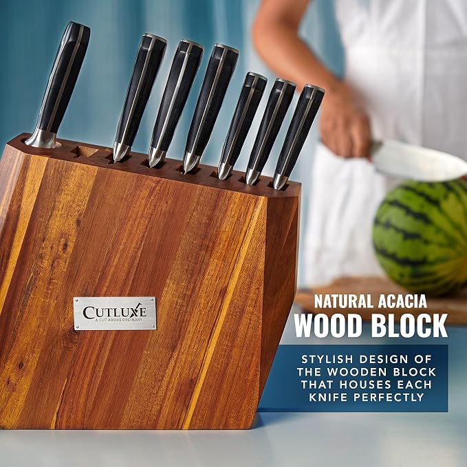 Cutluxe Kitchen Knife Set, 8-Piece Chef Knives with Acacia Wood Block | Razor Sharp Full Tang Blades, High Carbon German Steel – Artisan Series, Professional