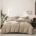 Linen Feel Duvet Cover Queen Size 90inch x 90inch,100% Washed Cotton Duvet Cover with Zipper Closure and 2 Pillowcases, Color of Mocha Brown