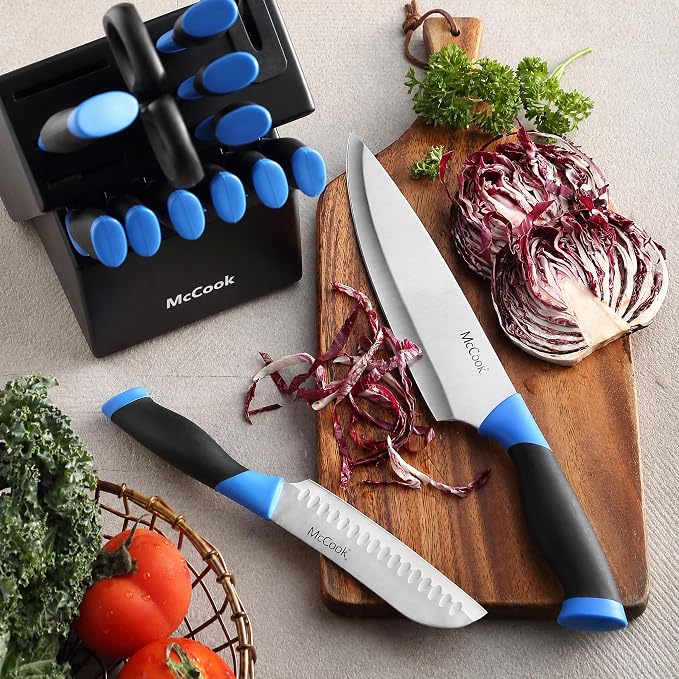 McCook Knife Sets, German Stainless Steel Kitchen Knife Block Sets with Built-in Sharpener | German Forged Stainless Steel, Razor Sharp, Anti-Rust, Restaurant Grade,Ergonomic Handle,Full Tang,Gift Box
