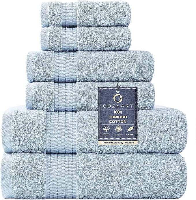 COZYART Luxury Bath Towel Set 6 Pcs, Light Blue 100% Turkish Cotton 650 GSM | OEKO-Tex 100 Certified Zero Twist Ring Spun, Soft Absorbent Quick Dry, Plush Fluffy, Breathable Hotel Quality for Daily Use