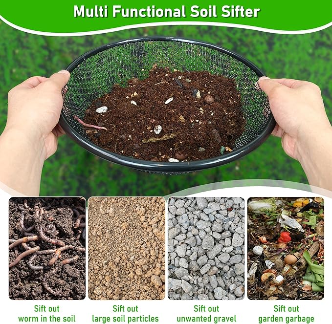 2Pcs 11.8" W Soil Sifter for Gardening, 2, 4mm Grid Rock Sifter for 5 Gallon Bucket, Stainless Steel Fine Dirt Sifter, Compost Sifter for Capturing Dirt, Sand, Rocks, and Filtering Compost (Black)