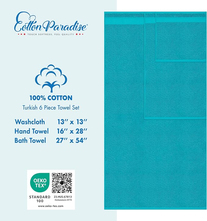 Cotton Paradise 100% Cotton Turkish Towel Set, Soft Absorbent Quick Dry, 6 Piece Towel Set, Ocean Aqua