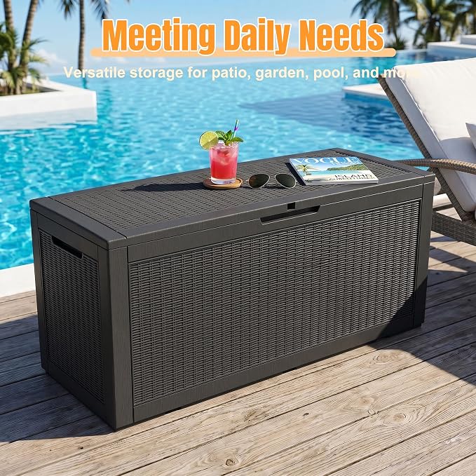 Outdoor Storage Box, 160 Gallon Waterproof Resin Deck Box with Support Rod | UV Resistant Lockable Package Delivery Bin, Shoe, Patio & Garden Tools Storage, Toy Cabinet, Ottoman, Indoor/Outdoor