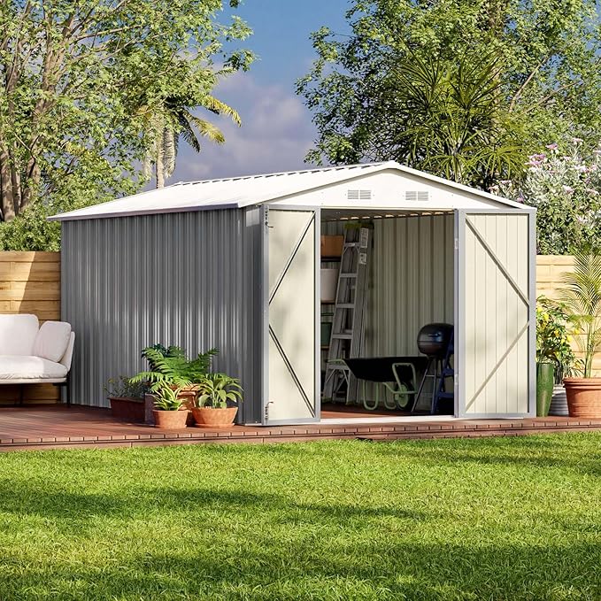 Patiowell 8 x 12 FT Outdoor Storage Shed, Metal Storage Shed, Gray | Steel Shed Storage House with Design of Lockable Doors, Utility and Tool Storage for Garden, Patio, Backyard, Outside use