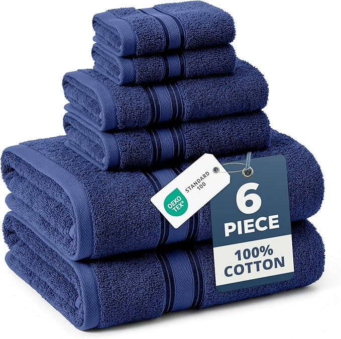 LANE LINEN Luxury Bath Towels Set - 6 Piece Set, 100% Cotton Bathroom Towel, Zero Twist, Quick Dry Shower Towels, Extra Soft Absorbent Towel, 2 Bath Towels, 2 Hand Towels, 2 Wash Cloths - Navy