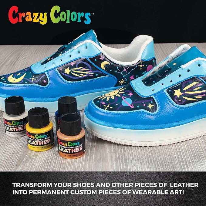 Crazy Colors Premium Acrylic Shoe & Leather Paint Kit 13 Metallic Pearl Colors with 4 Brushes (1 oz Bottles) - Acrylic Leather Paint for Shoes, Sneakers, Jackets, Bags, Purses, Furniture