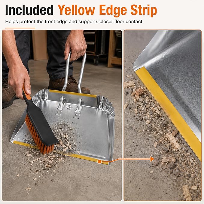 17" Heavy Duty Metal Dust Pan with Brush Set, Large Wide Mouth Dustpan with Stiff Bristle Cleaning Brush for Garage, Yard, Fireplace Ash, Wood Stove, Workshop and Outdoor Cleanup, Silver