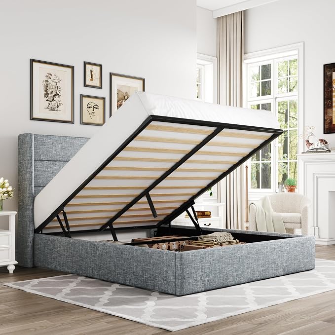 Allewie Queen Size Lift Up Hydraulic Storage Bed Frame Blue Grey | Modern Wingback Headboard, Hydraulic Support Storage, No Box Spring Needed