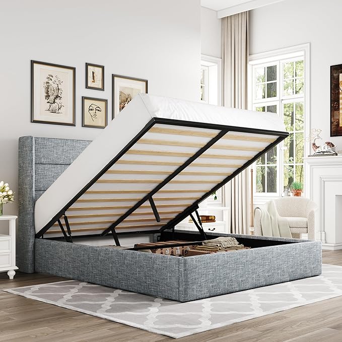 Allewie Full Size Lift Up Hydraulic Storage Bed Frame Blue Grey | Modern Wingback Headboard, Hydraulic Support Storage, No Box Spring Needed
