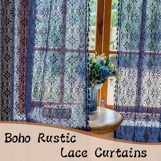 Sutuo Home Boho Lace Curtains for Living Room Dining Room, Floral Semi Sheer Curtains with Tassels Cottagecore Farmhouse Privacy Crochet Vintage Chic Drape Rod Pocket, 2 Panels 50" x 96" Navy Blue