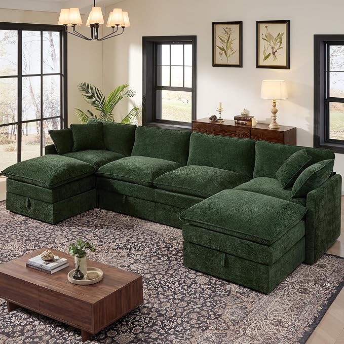 Ihanherry 135” Modular Sectional Sofa with Storage, U Shaped Cloud Couch with Movable Ottomans & 4 Pillows, Chenille Deep Seat Sectional Couches for Living Room, Apartment (Green)