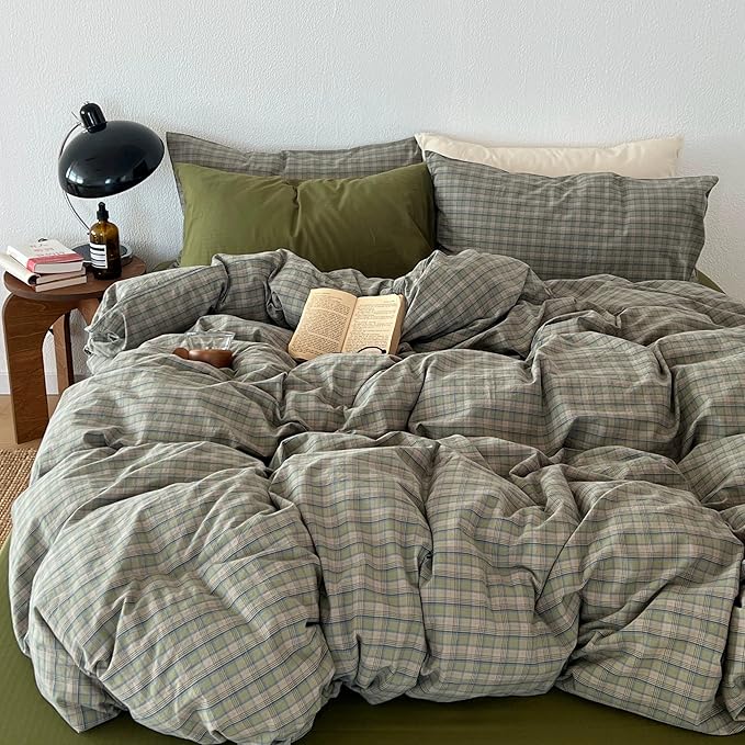 mixinni Vintage Green Buffalo Plaid Duvet Cover Set Full Size - 3 Piece Mid-Century Washed Cotton Bedding Set with Grid Pattern, Ultra Soft & Breathable Duvet Cover with Pillowcases for All Seasons
