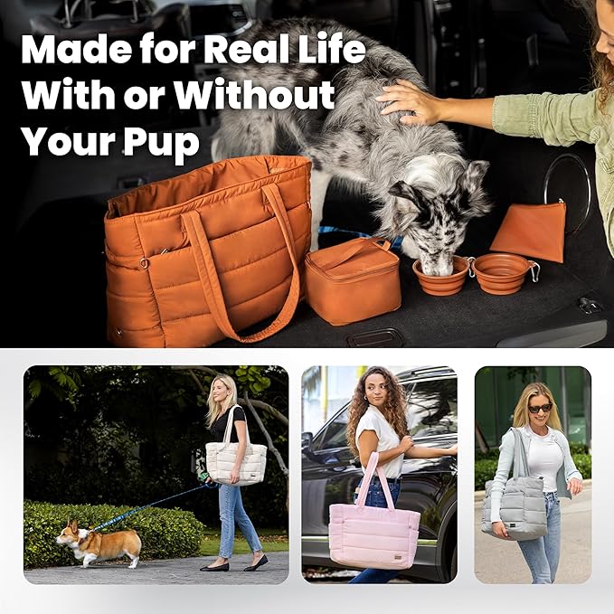 Rubyloo Mini Lint Roller Bundle Travel Size Pet Hair Remover with Retractable Cover & Beige Puffer Tote Bag with Bowls Food Storage for Dog Mom Essentials Gift Set