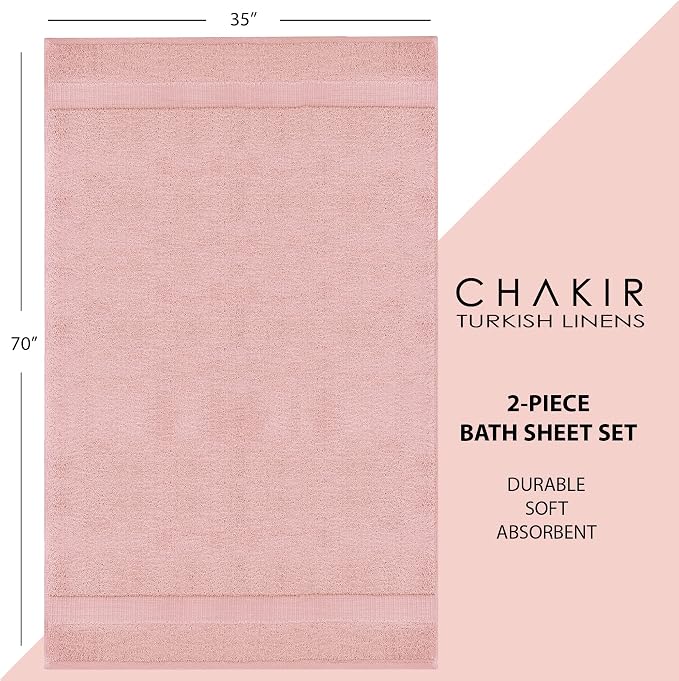Chakir Turkish Linens 2 Piece Large Bath Sheets, 100% Cotton Luxury Turkish Towels for Bathroom, Soft Absorbent Oversized Bath Towels, 35 x 70 Inches, Pink