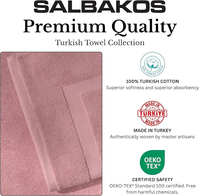 SALBAKOS 2-Piece 100% Turkish Cotton Bath Mat Towel, 20x34 inch, Rose | Bathroom Floor Towels, Thick Soft Most Absorbent Quick-Dry Durable Large Size Foot Rug, Premium Hotel Quality Made in Turkey