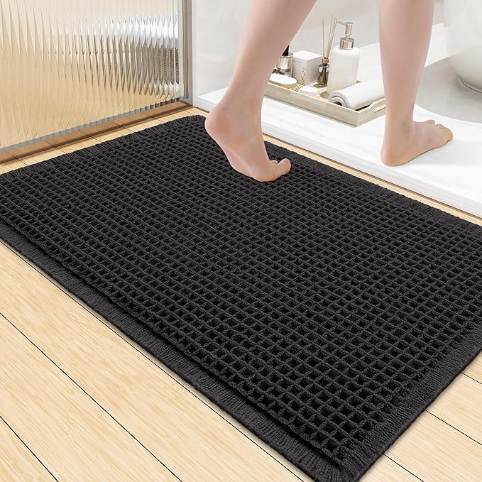 Smiry Waffle Bath Mat 36x24, Extra Soft Absorbent Bathroom Rugs, Non Slip Machine Washable Quick Dry Bath Rugs for Bathroom Floor, Tub, Shower, Home Decor Accessories, Black