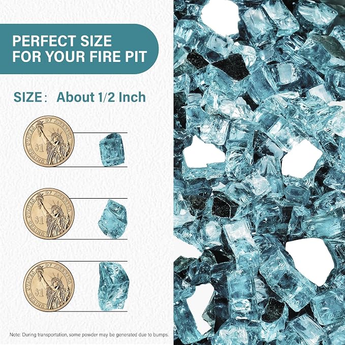 NUPICK 10 Pound Fire Glass, 1/2 Inch Reflective Fire Pit Glass | Tempered Fire Pit Rocks for Propane or Natural Gas, Glass Rocks for Fire Pit Table, Fireplace, Fire Bowl, Pacific Blue