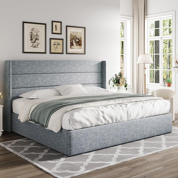 Allewie King Size Lift Up Hydraulic Storage Bed Frame Blue Grey | Modern Wingback Headboard, Hydraulic Support Storage, No Box Spring Needed