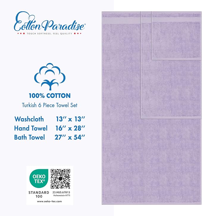 Cotton Paradise 100% Cotton Turkish Towel Set, Soft Absorbent Quick Dry, 6 Piece Towel Set, Lilac