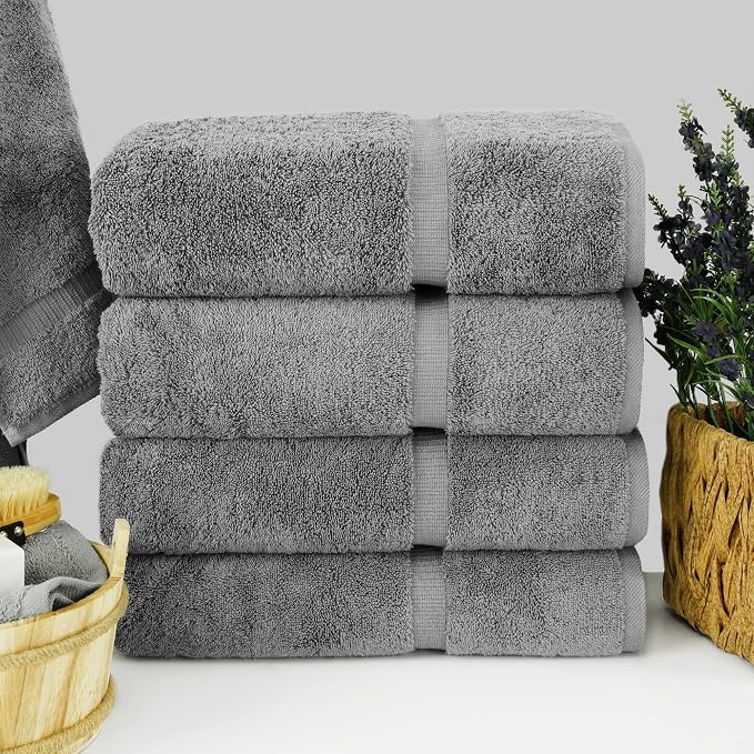 Chakir Turkish Linens 4 Piece Bath Towel Set, 100% Cotton Luxury Turkish Towels for Bathroom, Soft Absorbent Bath Towels, 27 x 54 Inches, Gray