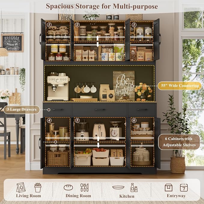 HOSTACK 71" Tall Kitchen Pantry Storage Cabinet, 55" W Kitchen Hutch, Black | Large Pantry Cabinet with Charging Station / Countertop / 3 Drawers, Farmhouse Hutch Cabinet with Storage for Dining Room