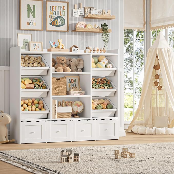 HITHOS 55" W Kids Toy Storage Organizer with 10 Toy Box & Book Shelf, White | Large Toy Organizers and Storage with Kids Bookshelf & 6 Plastic Toy Chests & 4 Movable Drawers for Kids Room, Playroom