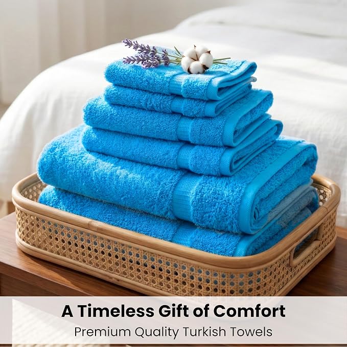 SALBAKOS 100% Turkish Cotton Bathroom Towel Set of 6-Piece, Aqua | 630 Gsm Thick Super Soft Highly Absorbent 2 Bath + 2 Hand + 2 Washcloth Towels Sets, Giftable, Hotel Quality, Made in Turkey