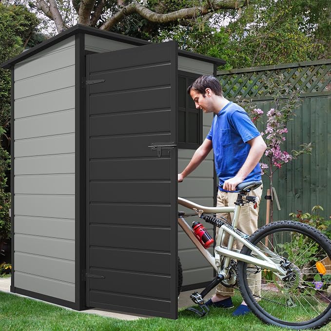 DWVO 5x3 FT Outdoor Storage Shed with Reinforced Floor, All-Weather Resin Storage Shed with Lockable Door & Window, Waterproof Plastic Tool Shed for Garden, Backyard, Patio, Lawn,Blue-Gray+Black