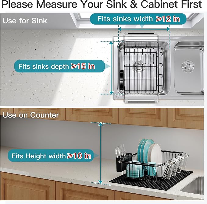 JASIWAY Black Dish Drying Rack in Sink with Mat, Cups and Utensil Holder | Use Over the Sink or Counter, Stainless Steel Expandable Dish Drainer for Small Kitchen, Space Saving, Fast Drain, Rustproof