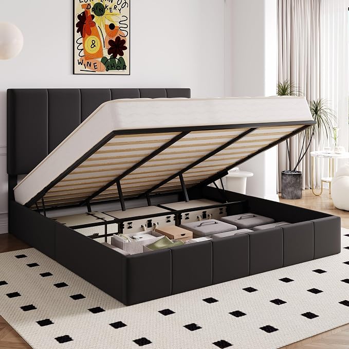 Allewie King Size Velvet Lift Up Hydrualic Storage Bed Frame, Black | Vertical Channel Tufted Headboard, Hydrualic Underneath Storage, Upholstered Platform Bed, No Box Spring Needed