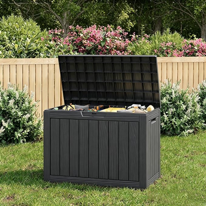 55 Gallon Outdoor Storage Box, All-Weather Resin Deck Box Outdoor Waterproof with Lockable Lid for Patio Cushions, Package Deliveries, Garden Tools, Pool Supplies, Black