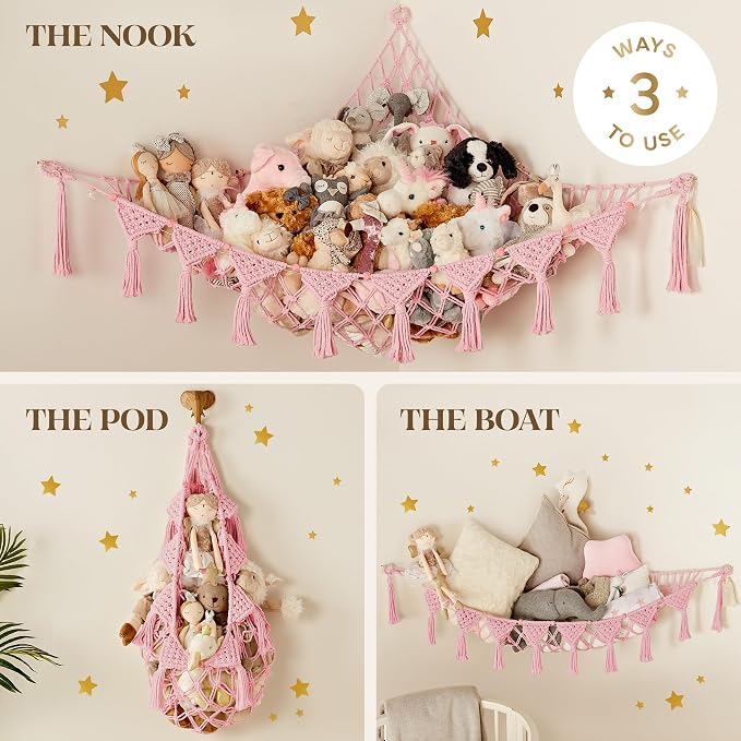 TIDYTEDS Stuffed Animal Hammock Corner | Sturdy Handcrafted Stuffed Animal Net | 4mm Double Macrame Cord Stuffed Animal Holder | Natural 100% Cotton Plushie Net | Toy Hammock w/LED Light (Pink)