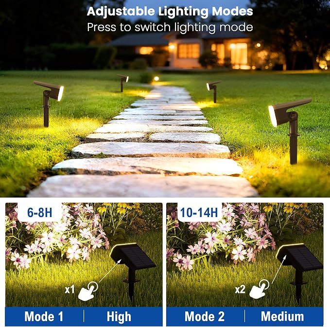 JEJOT Solar Spotlights Outdoor Waterproof with Focus Beam, 2 Pack | Solar Spot Lights, 2 Lighting Modes, Solar Lights for Yard Garden Lawn Landscape Pathway, Warm White