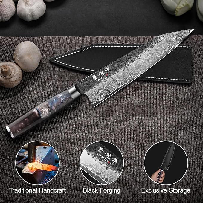 8.27'' Japanese Damascus Kiritsuke Knife, VG10 Steel Forged | Kurouchi Forged Finish, Damascus Stainless Steel Cladding, Flat Edge Push Cuts, Leather Sheath Included, Premium Gift Box