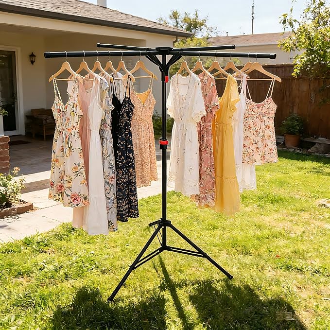 Clothes Drying Rack Foldable, Height Adjustable | Stable Tripod Base, Rust-Resistant, Quick Fold Button, Fits 90°/180°/270° Corners, Space Saving